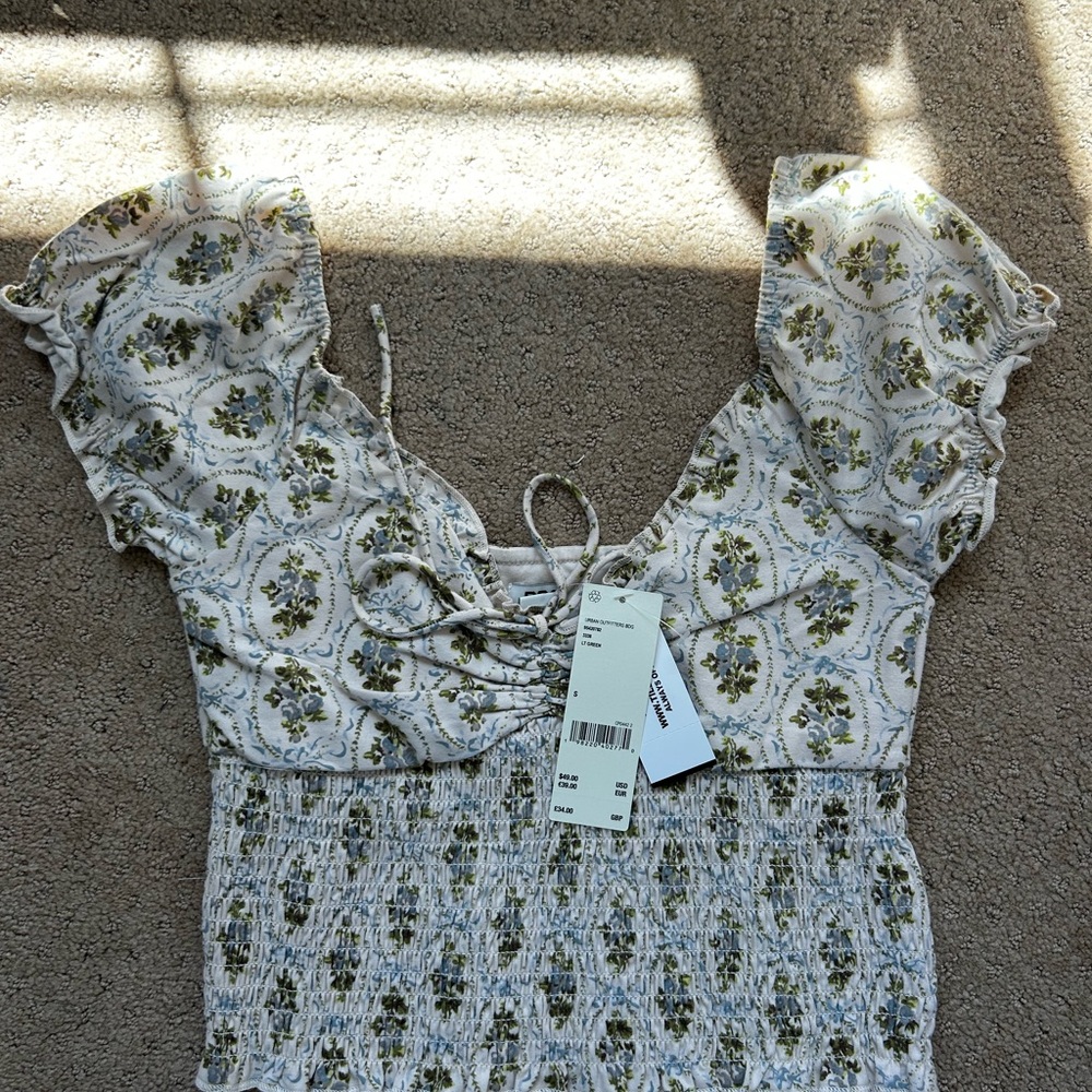 Urban Outfitters Blue Smocked Tie Front Cap Sleeve Blouse